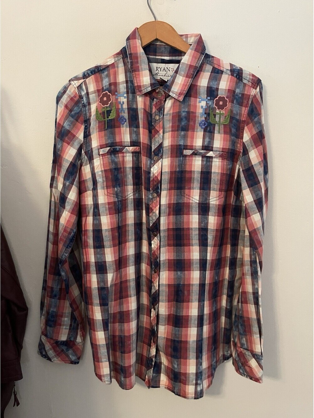 RYAN MICHAEL Indigo Plaid Embroidered Button Up Shirt Top Rodeo Western Large L